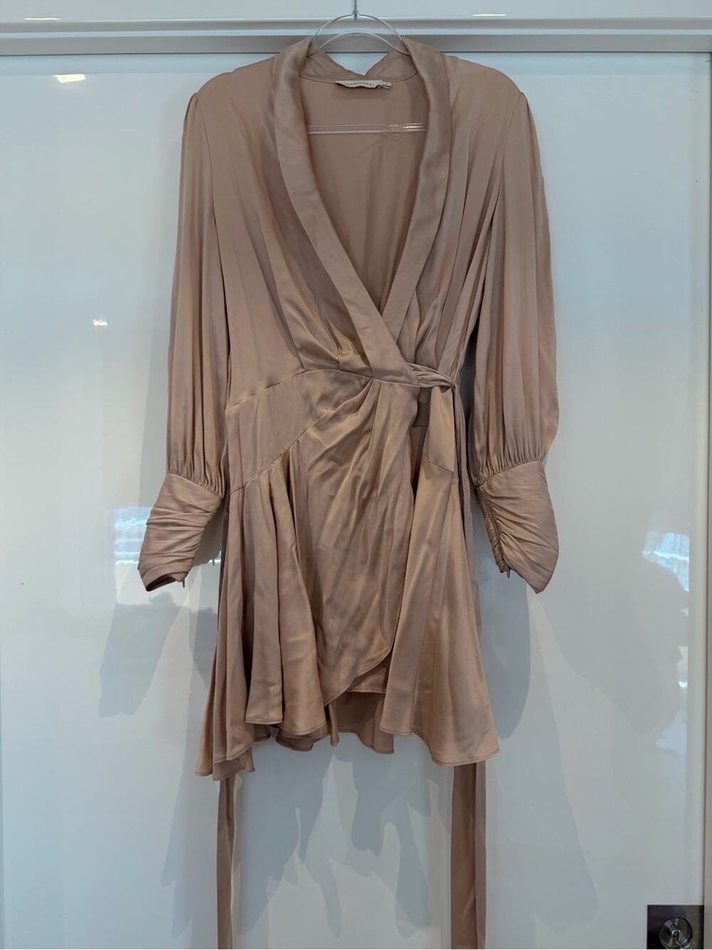 Zimmermann Blush Silk Wrap Dress with Long Sleeves
